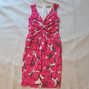 Phase Eight Pink White Tulip Floral Print Dress Midi Wedding Party Wiggle sz 12